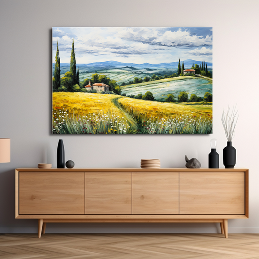 Nydelig grafisk maleri av Toskansk landskap med sine karakteristiske cypresser og bølgende åser. På hver sin åskam ligger det to gårder. Illustrasjonen viser motivet på lerret. Det henger på en vegg over en skjenk.