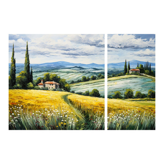 Nydelig grafisk maleiret av Toskansk landskap med sine karakteristiske cypresser og bølgende åser. På hver sin åskam ligger det to gårder. Motivet er delt opp i to motiver der det ene er 100x100 cm, og det andre 50x100 cm. De kan oså henges hver for seg.