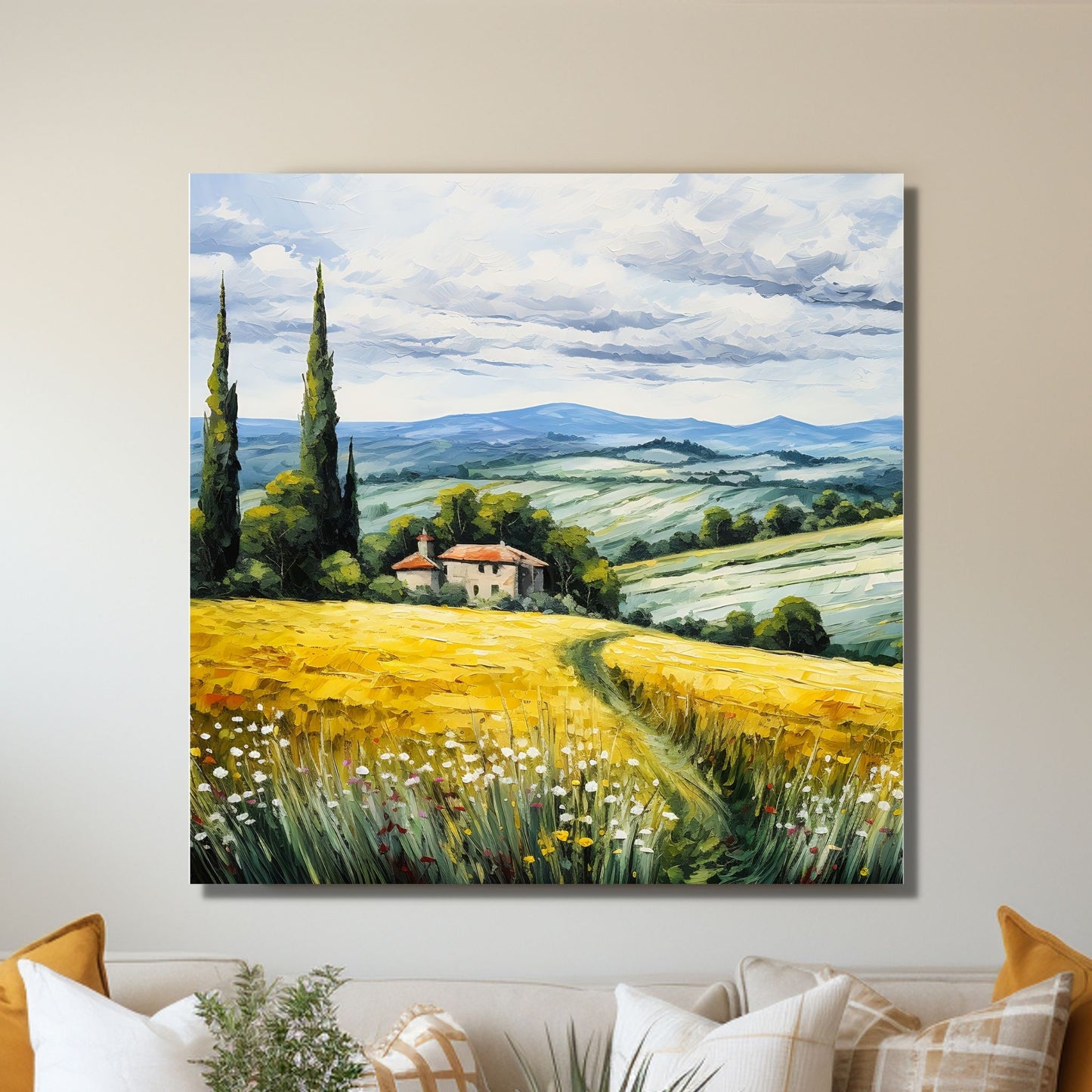 Nydelig grafisk maleri av Toskansk landskap med sine karakteristiske cypresser og bølgende åser. På en åskam ligger det en vingård Motivet fås som plakat og på lerret. Illustrasjonen viser at motivet henger på en vegg over en sofa som lerret.