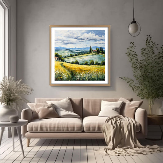 Nydelig grafisk maleri av Toskansk landskap med sine karakteristiske cypresser og bølgende åser. På en åskam ligger det en vingård Motivet fås som plakat og på lerret. Illustrasjonen viser at motivet henger på en vegg over en sofa i en eikeramme.