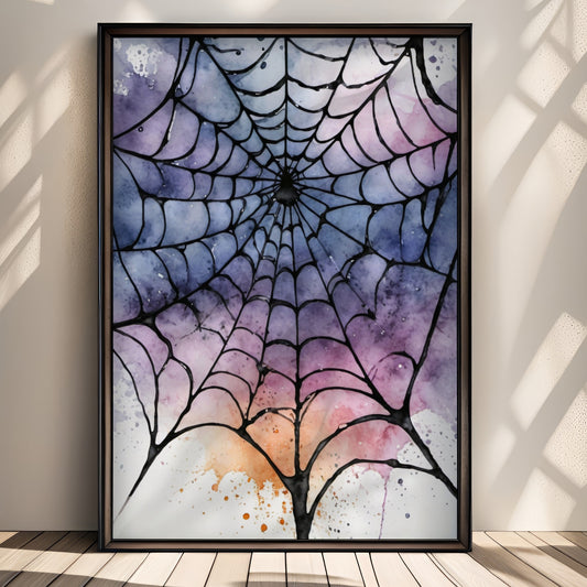 “Twilight Web” kombinerer varme oransje og lilla toner i et fortryllende akvarellmotiv av et edderkoppnett i skumring. Illustrasjon viser plakat uten hvit kant i sort ramme.