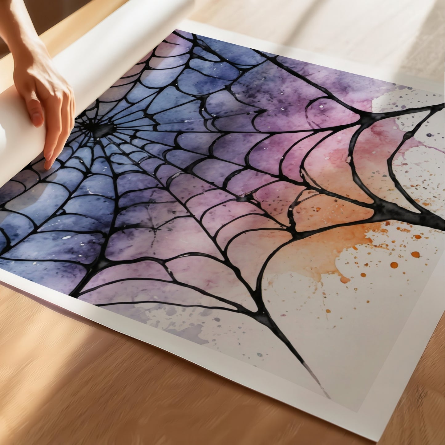 “Twilight Web” kombinerer varme oransje og lilla toner i et fortryllende akvarellmotiv av et edderkoppnett i skumring. Illustrasjon viser plakat på print.