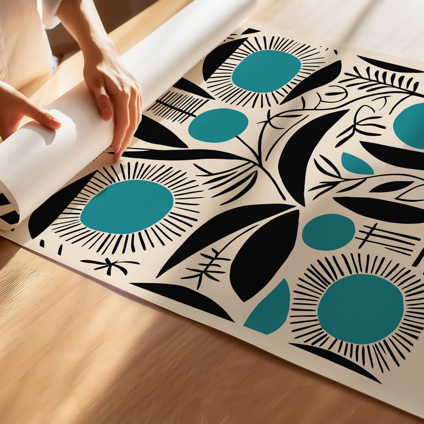 Teal Garden er en dristig og dekorativ plakat med grafiske blomster og planter i sort og blågrønn. Illustrasjon viser plakat med smal kant på print.