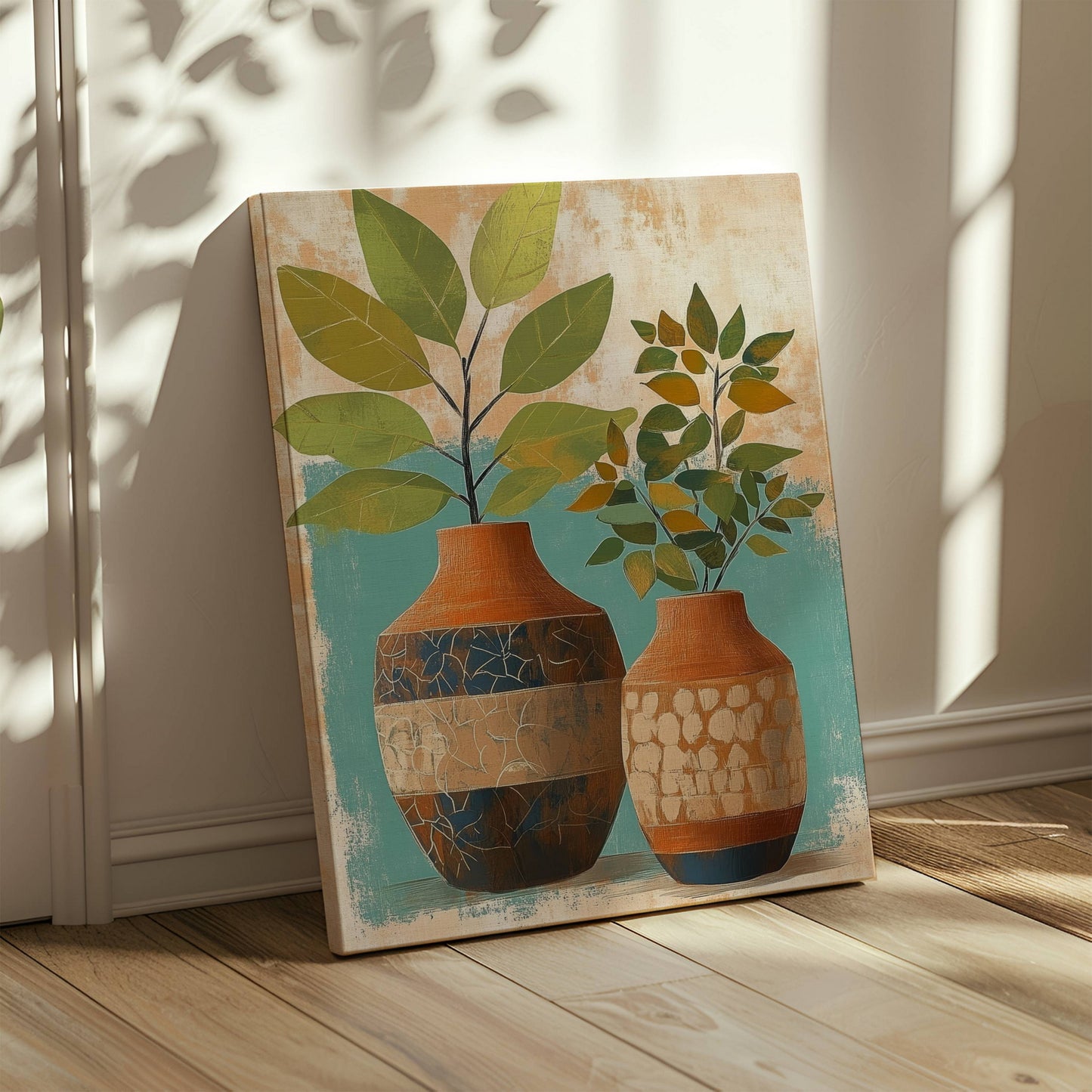Den elegante kombinasjonen av terrakottakrukker, frodige grønne planter og en myk, teksturert bakgrunn skaper en følelse av ro og balanse i ethvert rom. Illustrasjon viser motivet på lerret.