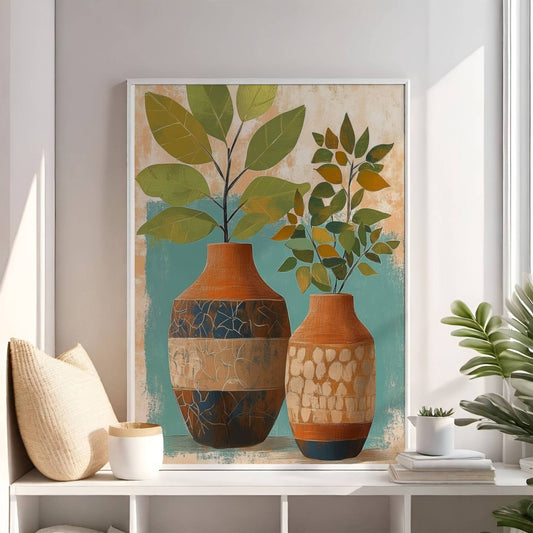 Den elegante kombinasjonen av terrakottakrukker, frodige grønne planter og en myk, teksturert bakgrunn skaper en følelse av ro og balanse i ethvert rom. Illustrasjon viser motivet som plakat i hvit ramme.