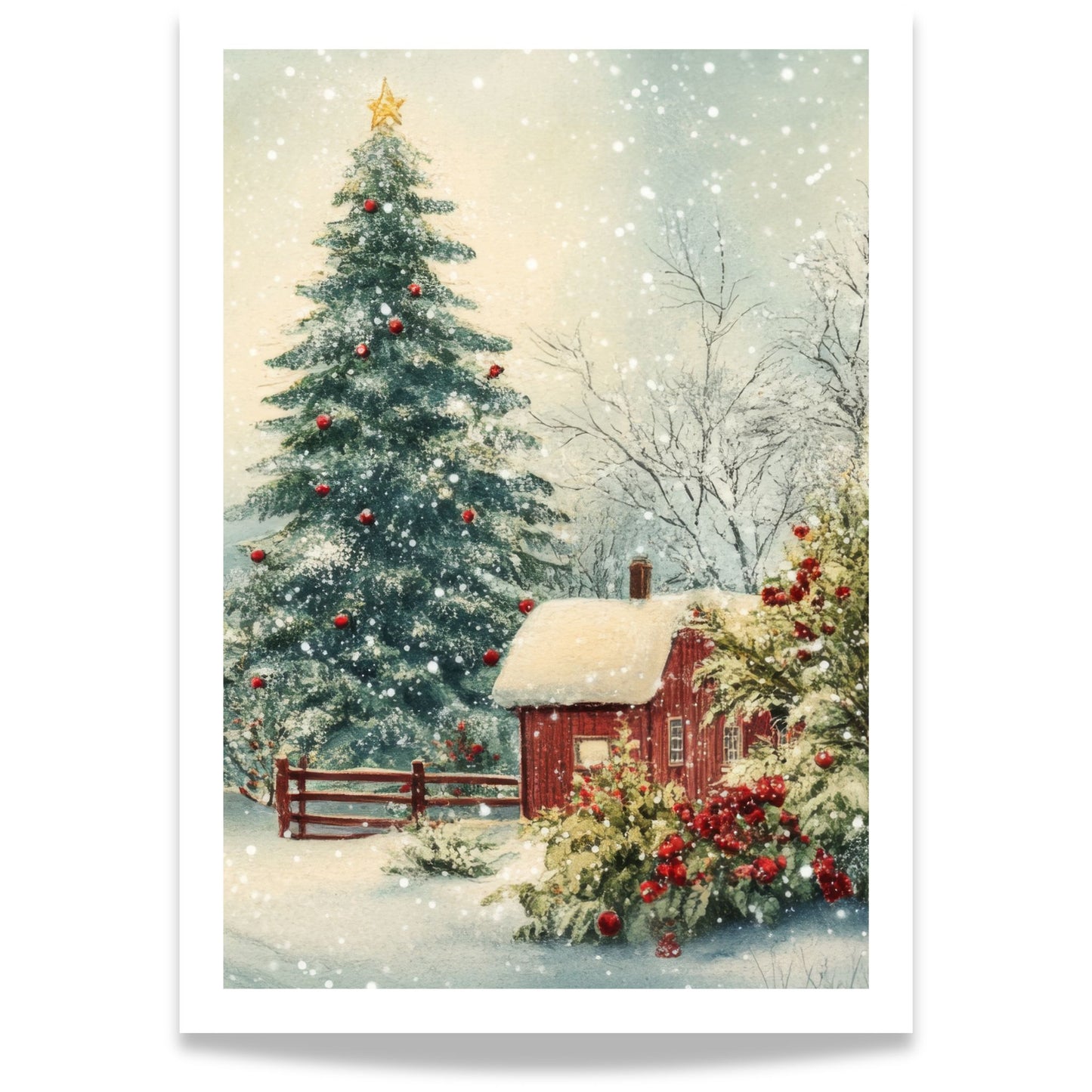 Et varmt og nostalgisk julemotiv med et lite rødt hus og et pyntet juletre under stjernehimmel.