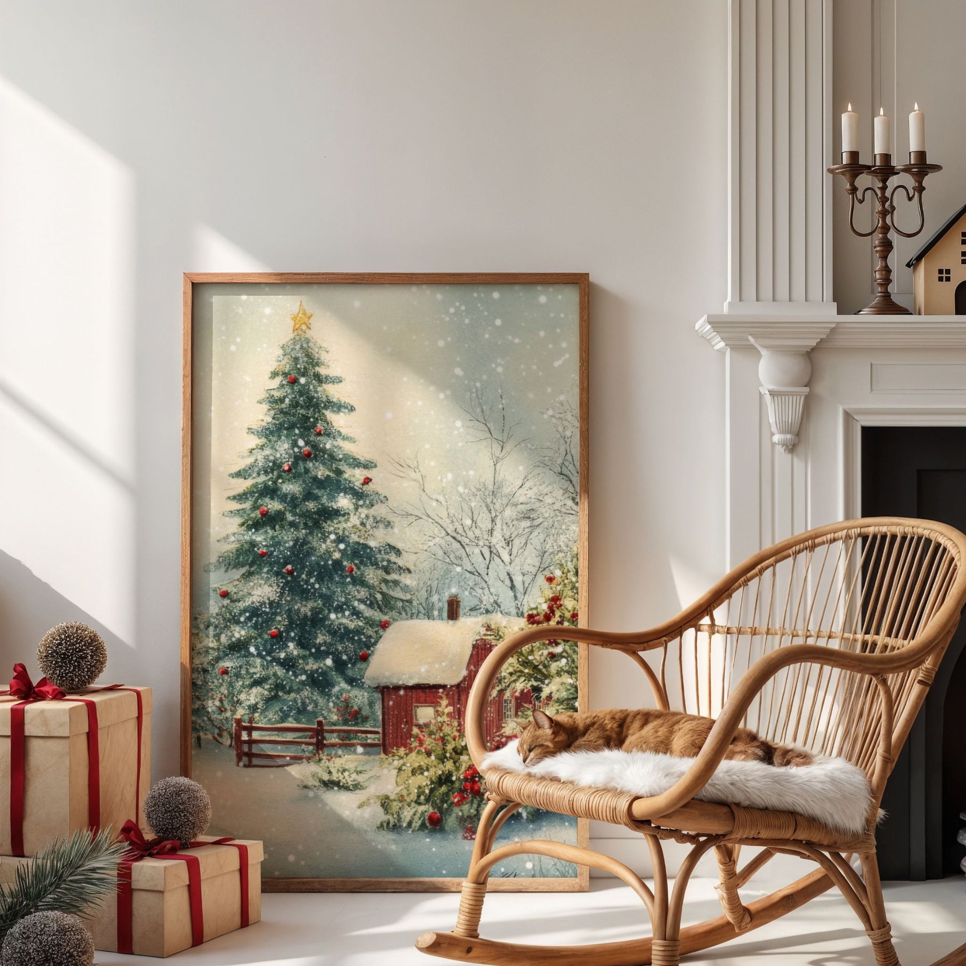 Et varmt og nostalgisk julemotiv med et lite rødt hus og et pyntet juletre under stjernehimmel. Illustrasjon viser motivet som plakat uten hvit kant i eik ramme.