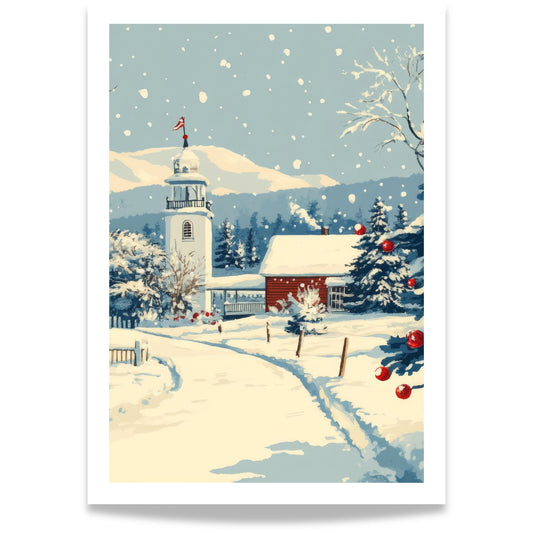 Et vakkert og rolig vintermotiv med en gammel kirke badet i mykt snølys.