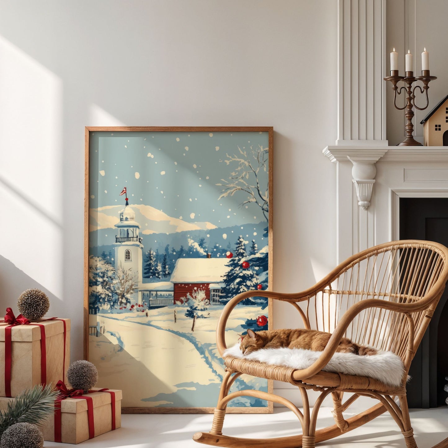 Et vakkert og rolig vintermotiv med en gammel kirke badet i mykt snølys. Illustrasjonen viser motivet som plakat uten hvit kantlinje i eik ramme.