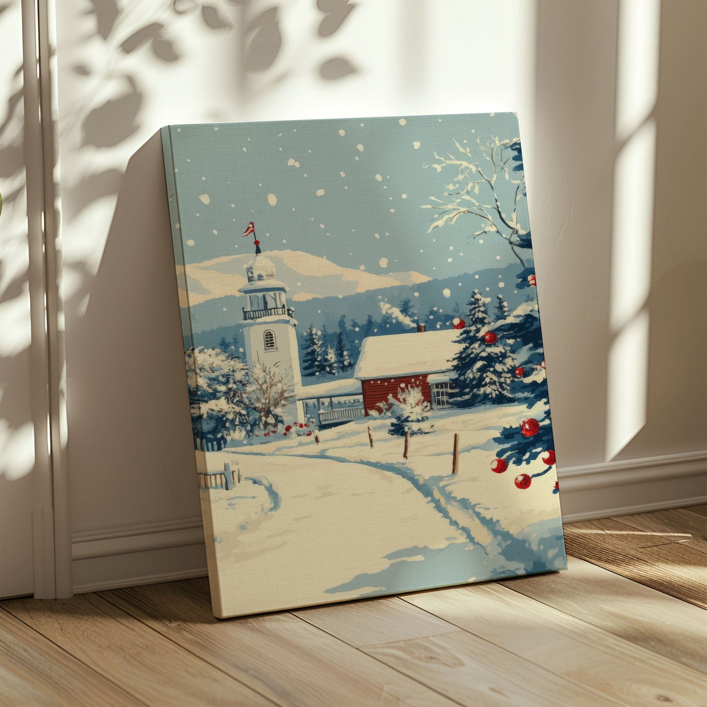 Et vakkert og rolig vintermotiv med en gammel kirke badet i mykt snølys. Illustrasjonen viser motivet på lerret.