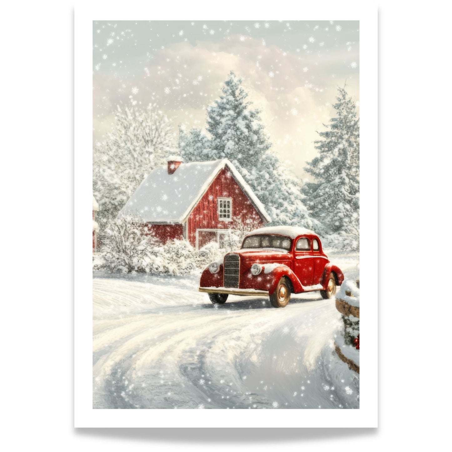 Et nostalgisk julemotiv som fanger essensen av vinteridyll på sitt vakreste. Den klassiske røde bilen står parkert foran små røde hus, mens snøen daler stille og mykt.