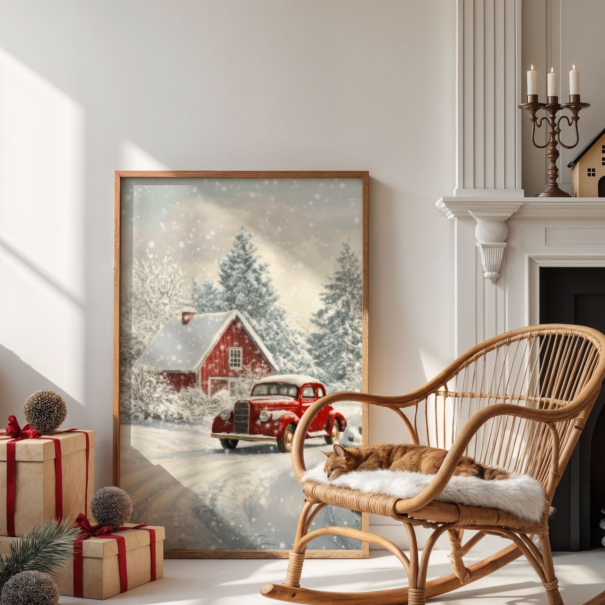 Et nostalgisk julemotiv som fanger essensen av vinteridyll på sitt vakreste. Den klassiske røde bilen står parkert foran små røde hus, mens snøen daler stille og mykt. Illustrasjonen viser plakat uten hvit kantlinje i eik ramme.