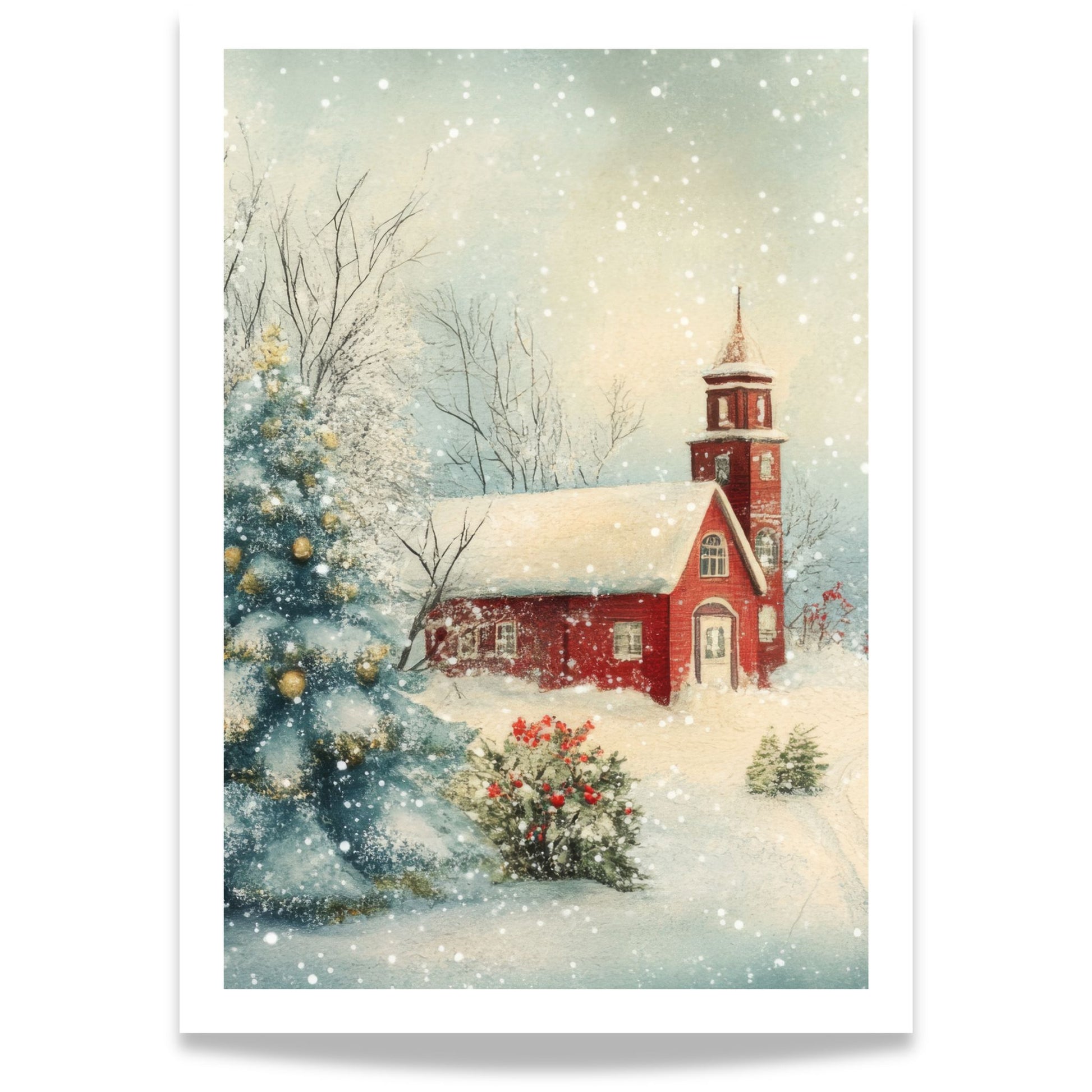 Et vakkert og harmonisk vintermotiv med den røde landsbykirken badet i dempet dagslys.