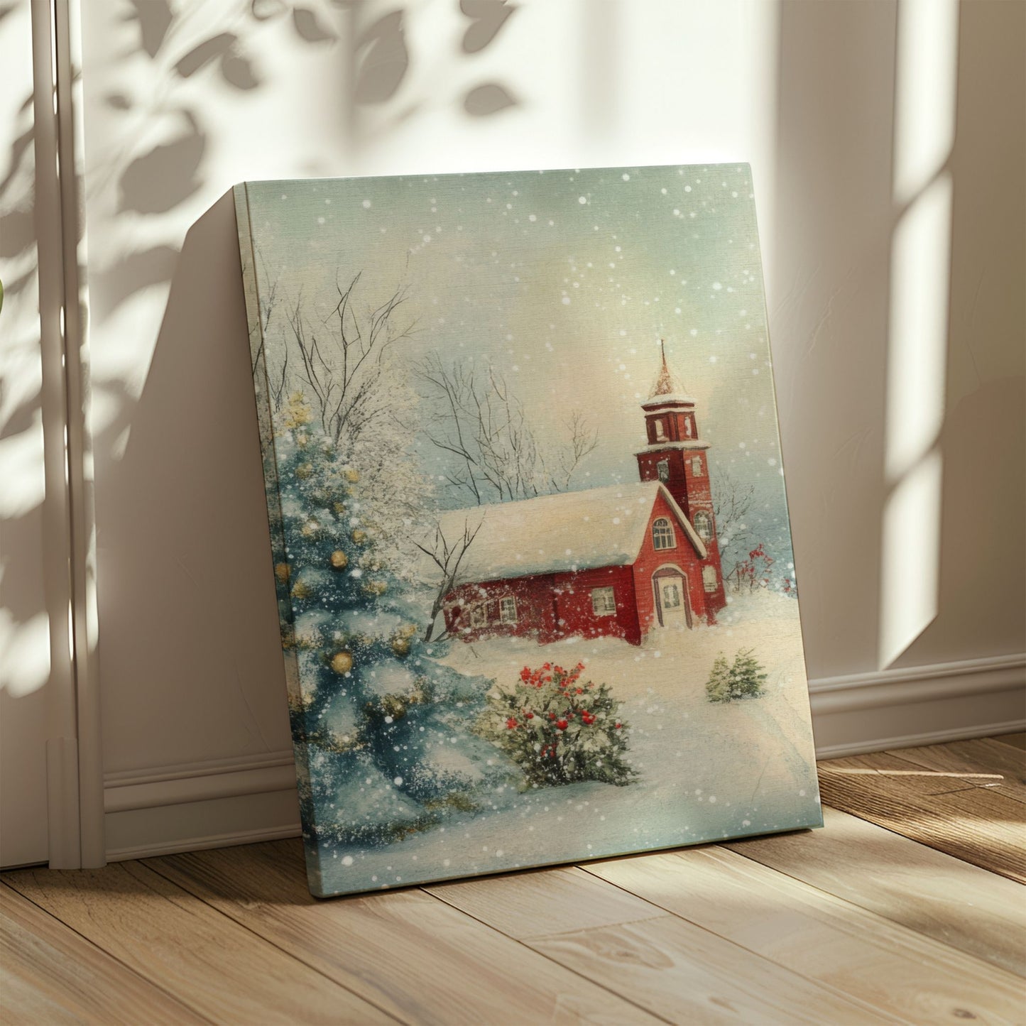 Et vakkert og harmonisk vintermotiv med den røde landsbykirken badet i dempet dagslys. Illustrasjonen viser motivet på lerret.