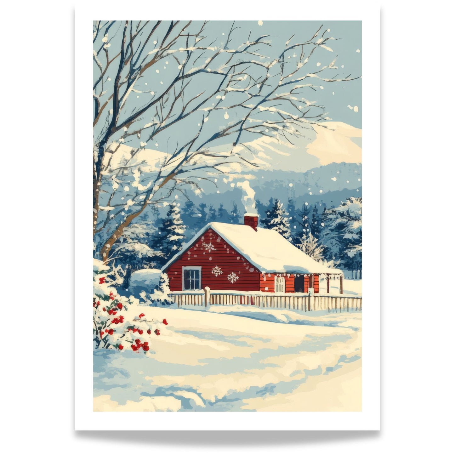 Et vakkert vintermotiv med et rødt hus omgitt av snødekte trær og fjell i bakgrunnen.