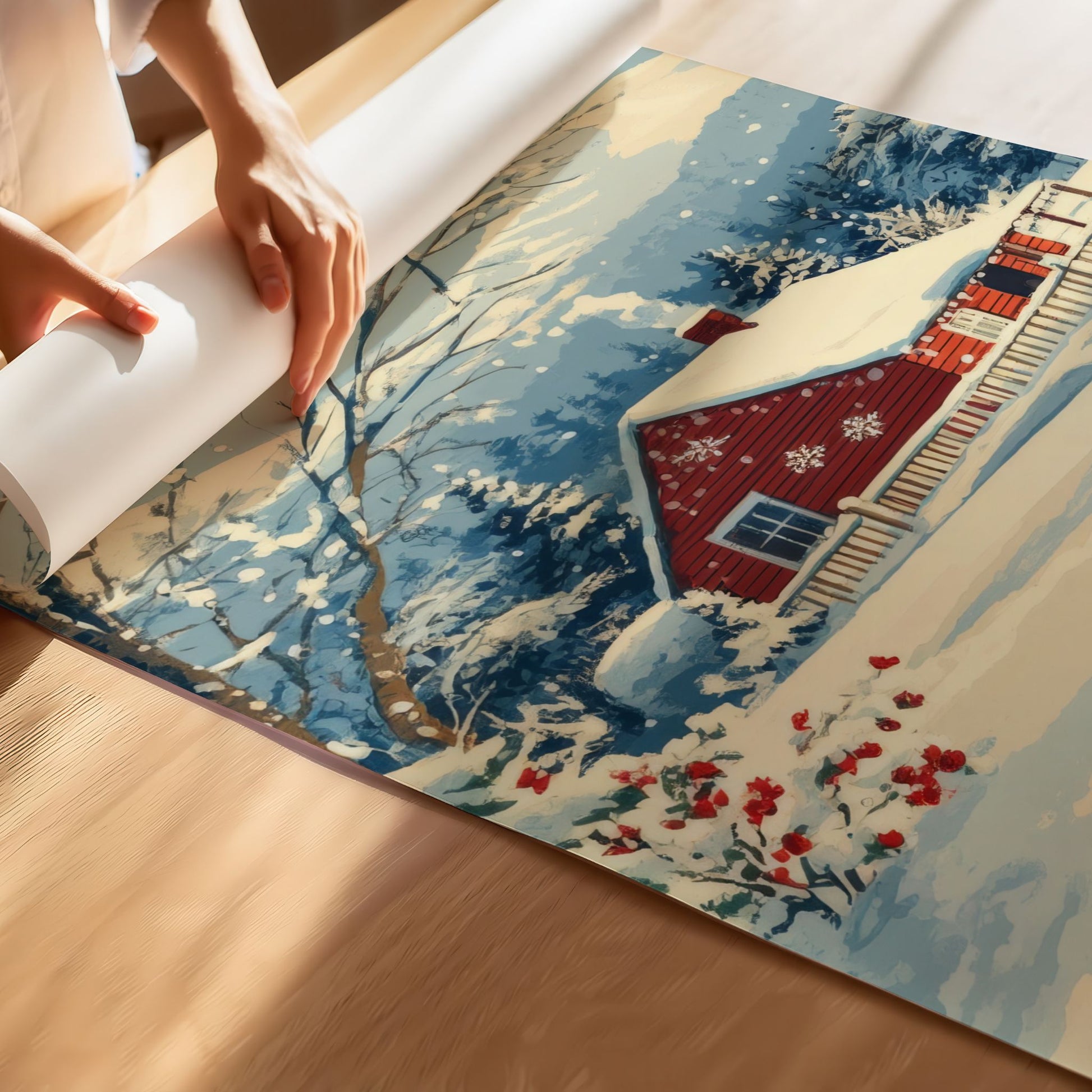 Et vakkert vintermotiv med et rødt hus omgitt av snødekte trær og fjell i bakgrunnen. Illustrasjonen viser motivet på print.