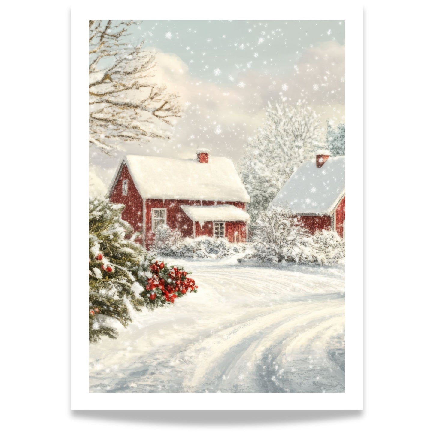 Et vakkert utsnitt fra det klassiske vintermotivet med de røde husene og snøen som daler stille ned.