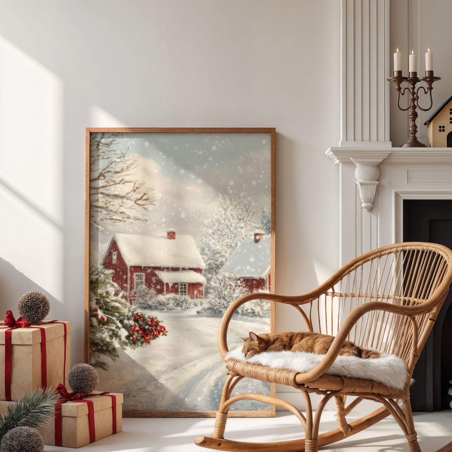 Et vakkert utsnitt fra det klassiske vintermotivet med de røde husene og snøen som daler stille ned. Illustrasjonen viser motivet som plakat uten hvit kantlinje i eik ramme.