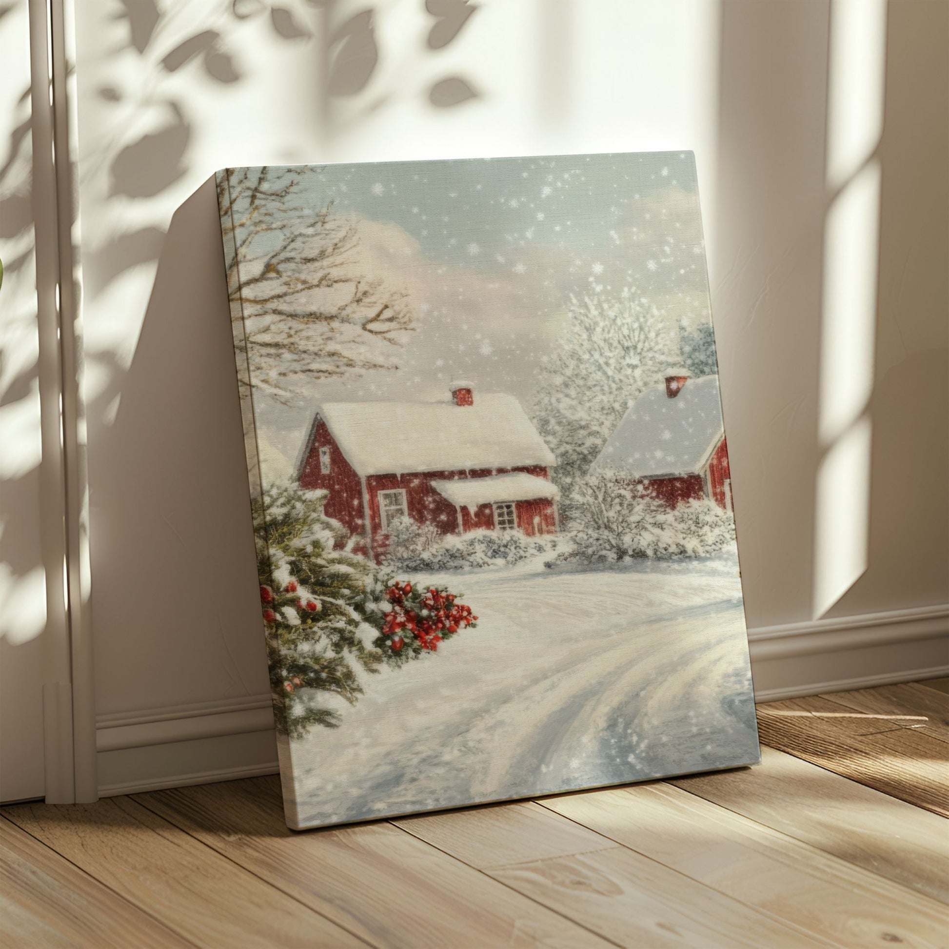 Et vakkert utsnitt fra det klassiske vintermotivet med de røde husene og snøen som daler stille ned. Illustrasjonen viser motivet på lerret.