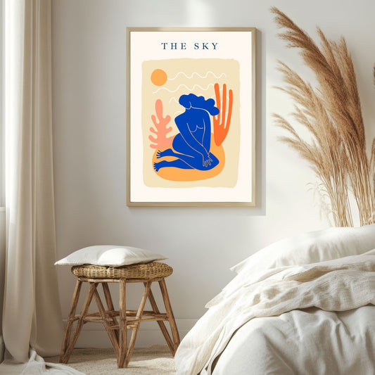 Dette Matisse-inspirerte moderne kunstverket i flat design kombinerer dristige former og myke fargetoner som skaper en følelse av ro og harmoni. Illustrasjonsfoto viser plakaten i lys ramme.