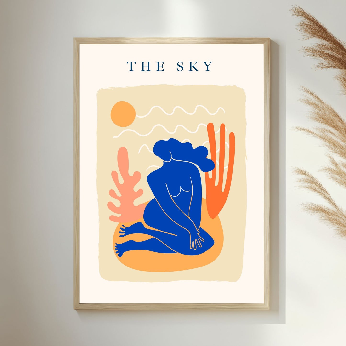 Dette Matisse-inspirerte moderne kunstverket i flat design kombinerer dristige former og myke fargetoner som skaper en følelse av ro og harmoni. Illustrasjonsfoto viser plakaten i lys ramme.