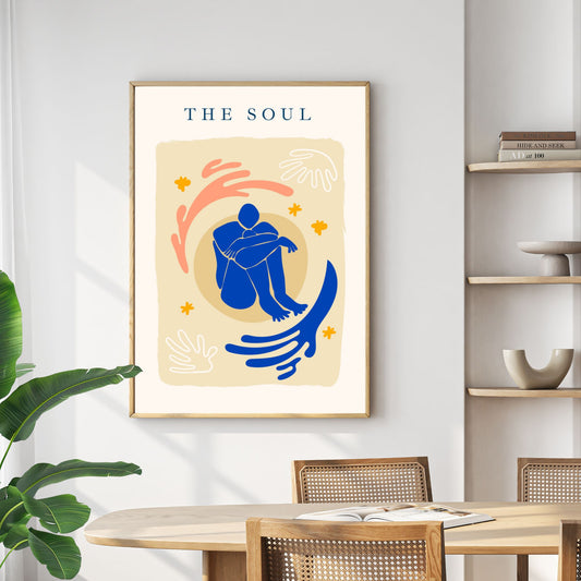 Dette Matisse-inspirerte abstrakte kunstverket kombinerer flytende former og beroligende farger i et uttrykksfullt design som vekker tanker og følelser. Illustrasjonsfoto viser motivet i en lys ramme.