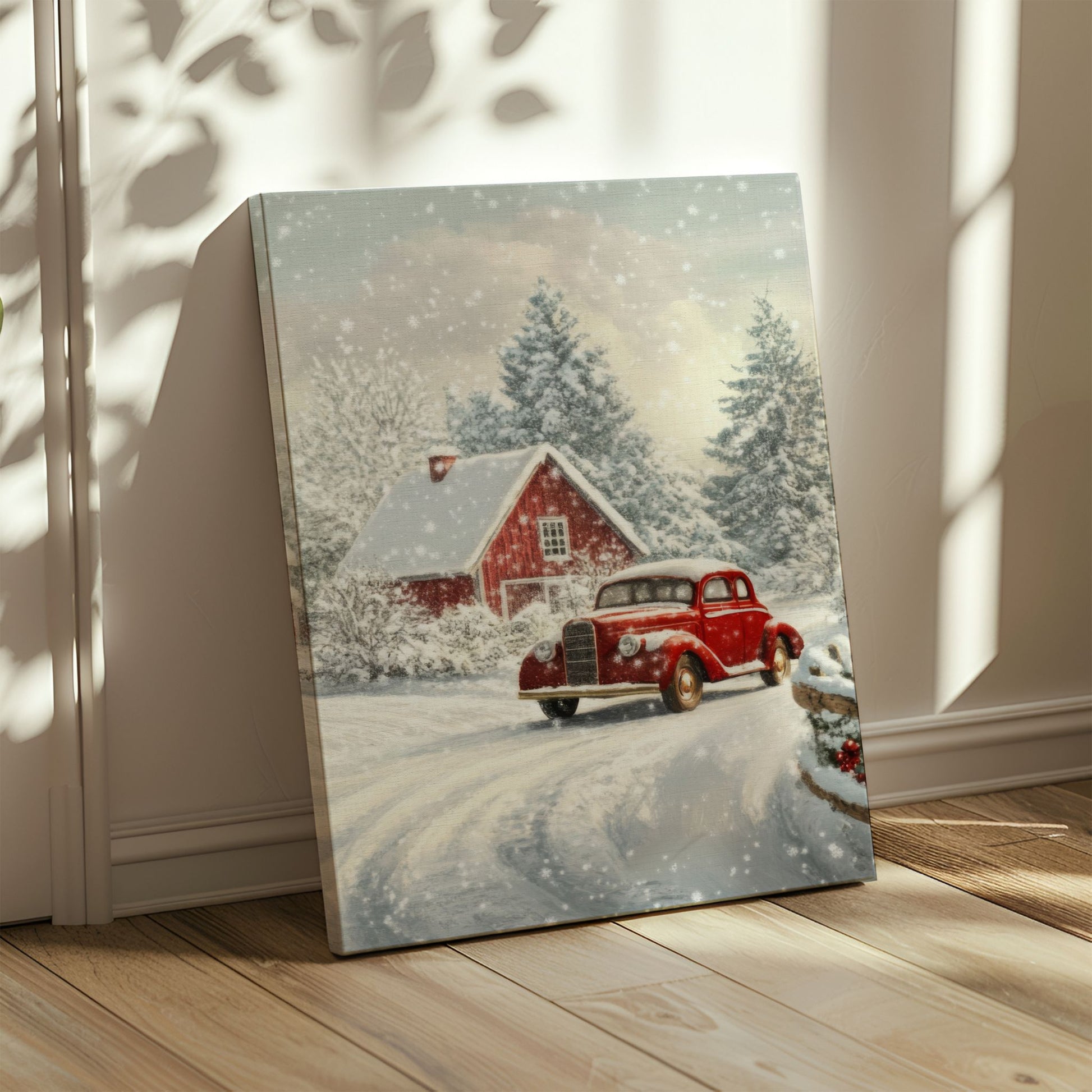 Et nostalgisk julemotiv som fanger essensen av vinteridyll på sitt vakreste. Den klassiske røde bilen står parkert foran små røde hus, mens snøen daler stille og mykt. Illustrasjonen viser motiv på lerret.