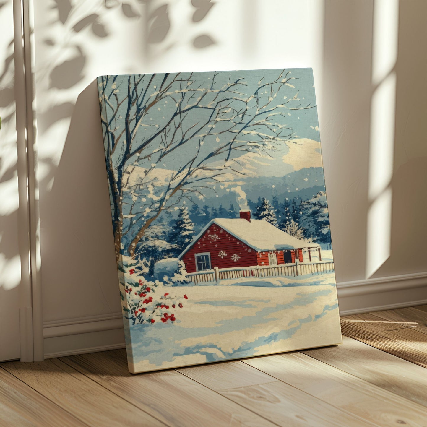 Et vakkert vintermotiv med et rødt hus omgitt av snødekte trær og fjell i bakgrunnen. Illustrasjonen viser motivet på lerret.