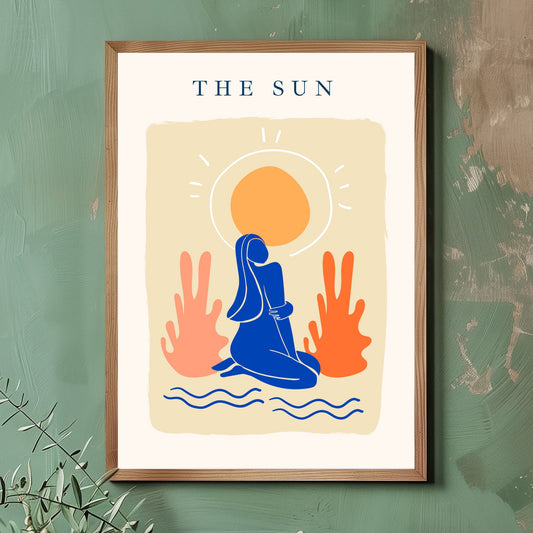 Dette unike designet, inspirert av Henri Matisse's ikoniske stil, kombinerer abstrakte former og dristige farger i en harmonisk komposisjon. Illustrasjonsfoto viser plakaten i lys ramme.