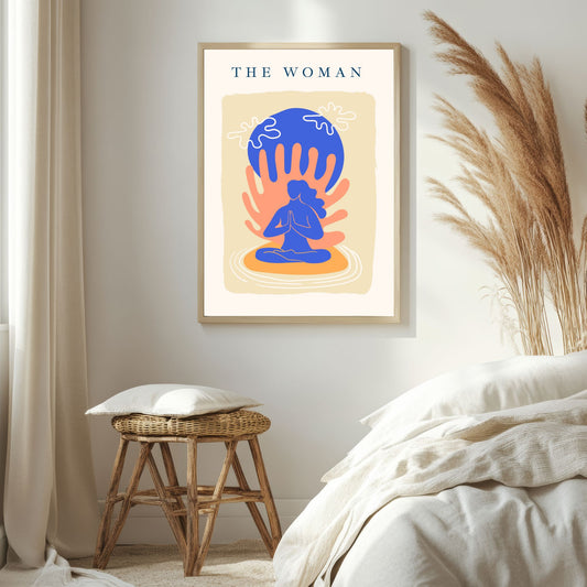 Dette Matisse-inspirerte kunstverket, laget i flat design, bruker organiske former og farger som symboliserer balanse og ro. Illustrasjonsfoto viser motivet i lys ramme.