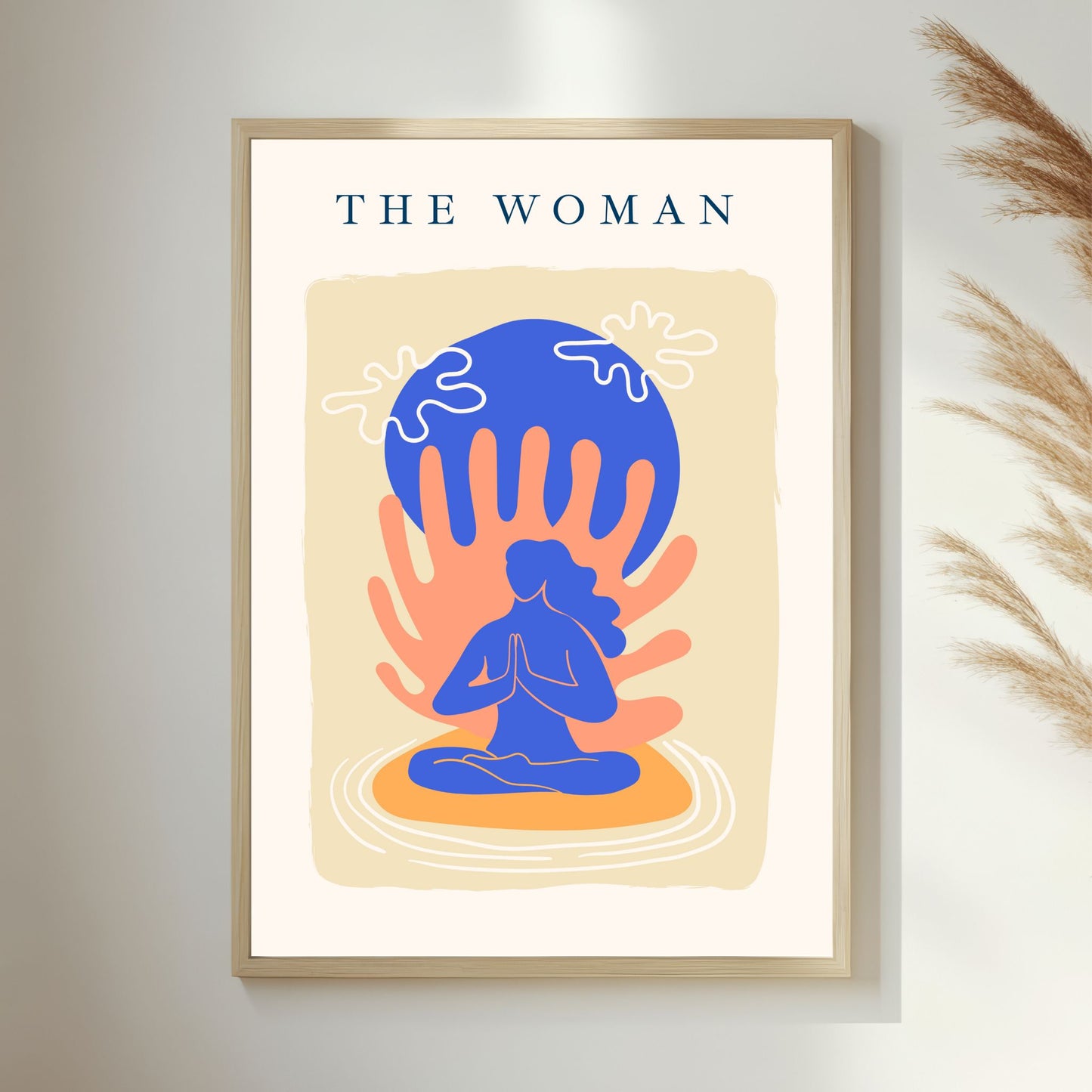 Dette Matisse-inspirerte kunstverket, laget i flat design, bruker organiske former og farger som symboliserer balanse og ro. Illustrasjonsfoto viser motivet i lys ramme.