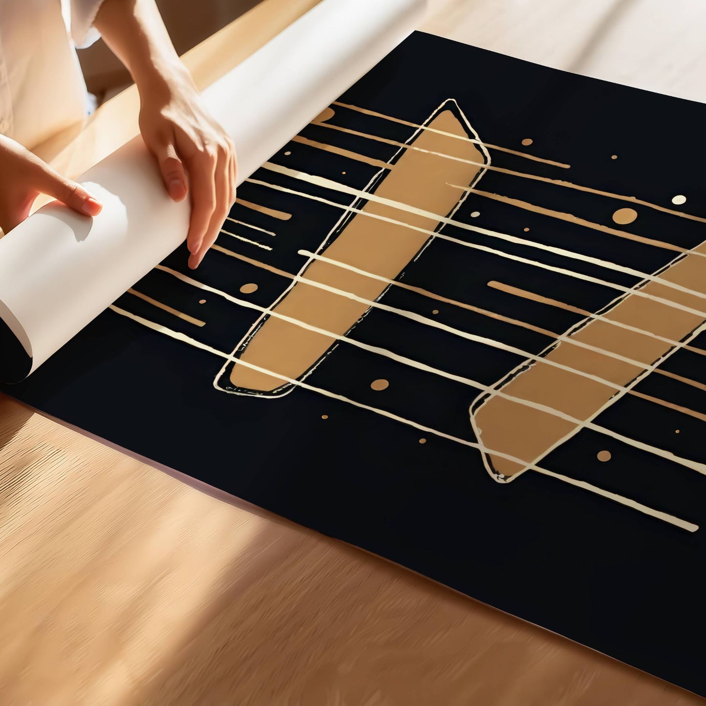 Golden Flow – et abstrakt motiv med flytende former og gulltoner mot en dyp, kontrastfull bakgrunn. Illustrasjon viser motivet på print.