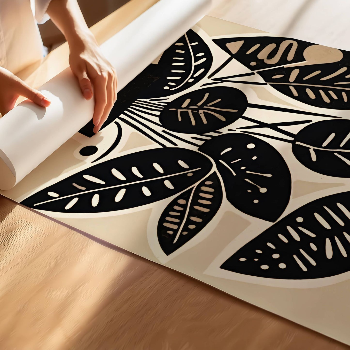 Noir Botanica kombinerer dristige, mørke blader med en kremet bakgrunn, noe som gir et trendy, men tidløst uttrykk. Illustrasjon viser motivet på print.