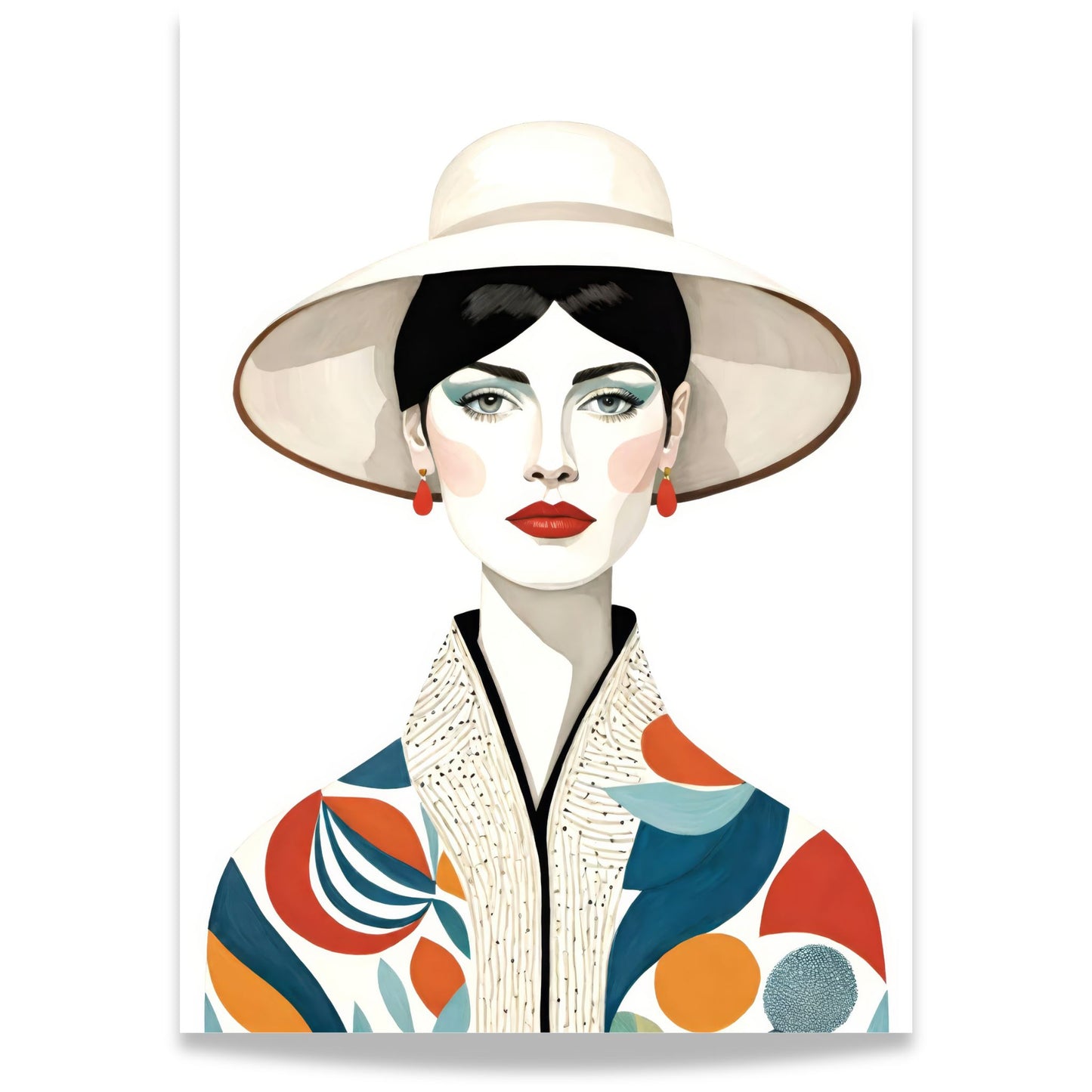 Denne plakaten viser en selvsikker kvinne med dristige røde lepper, en bredbremmet hatt og en fargerik, geometrisk mønstret jakke som skaper en harmonisk balanse mellom retro og moderne design.
