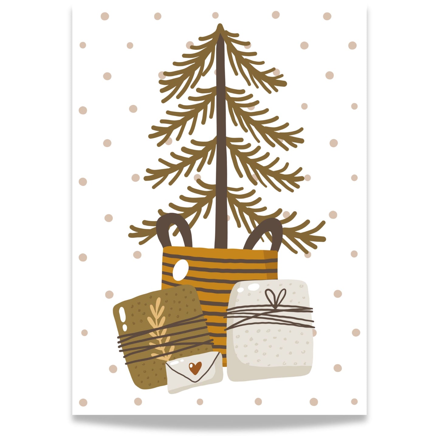 Et varmt og koselig motiv med et stilisert juletre og gaver i duse bruntoner.