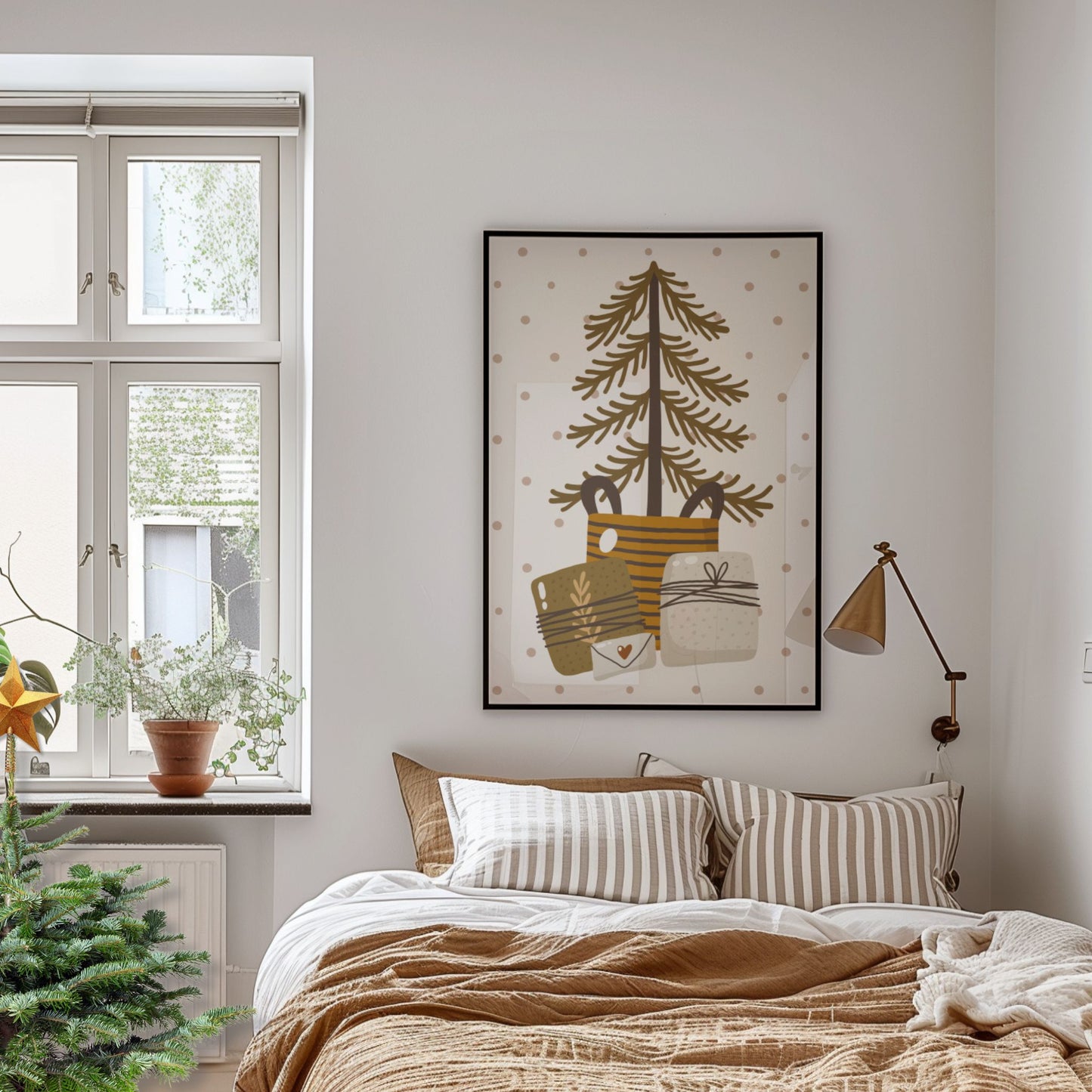 Et varmt og koselig motiv med et stilisert juletre og gaver i duse bruntoner. Illustrasjon viser plakat i sort ramme.