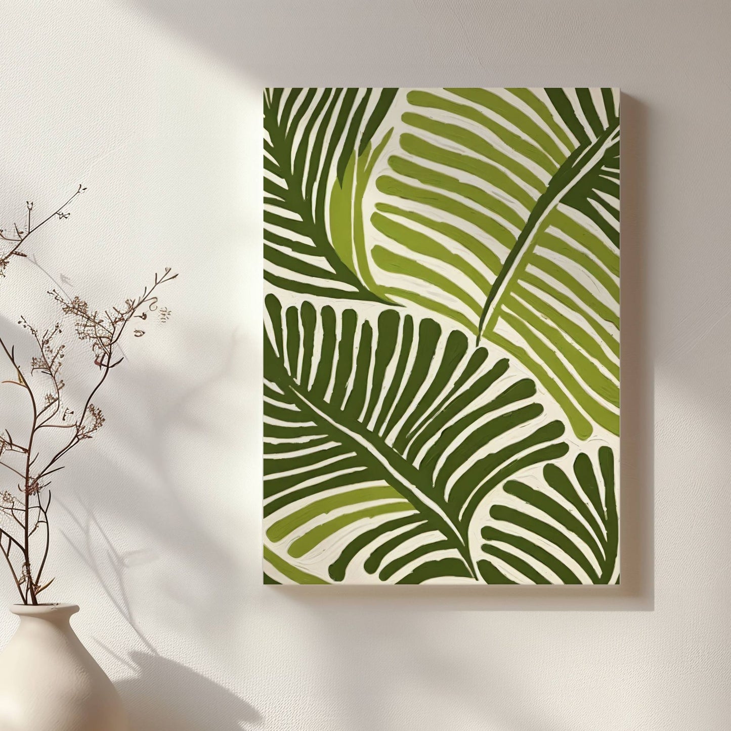 Frisk opp hjemmet ditt med Tropical Essence, en vakker botanisk plakat og lerret inspirert av frodige tropiske blader og naturlige grønntoner. Illustrasjon viser motivet på lerret.