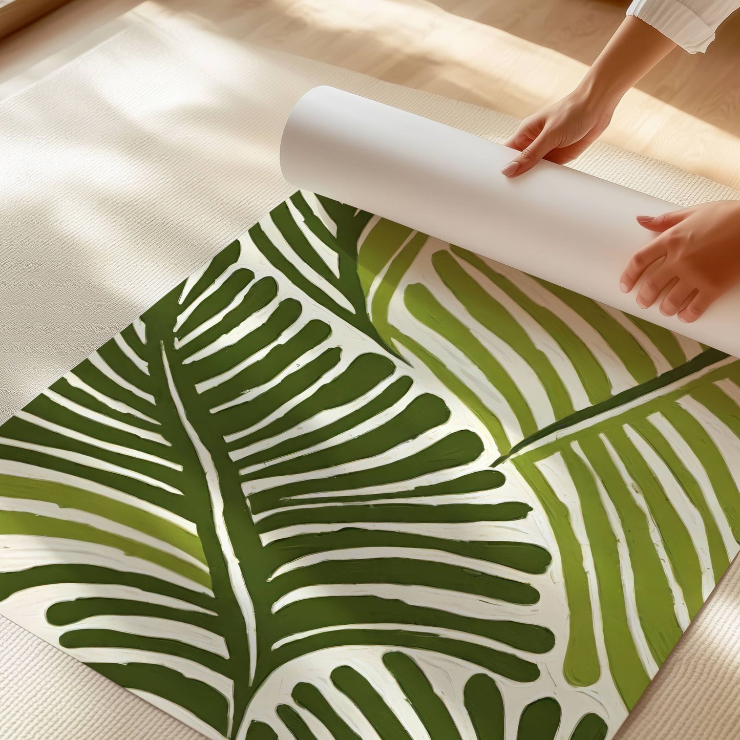 Frisk opp hjemmet ditt med Tropical Essence, en vakker botanisk plakat og lerret inspirert av frodige tropiske blader og naturlige grønntoner. Illustrasjon viser motivet på print.