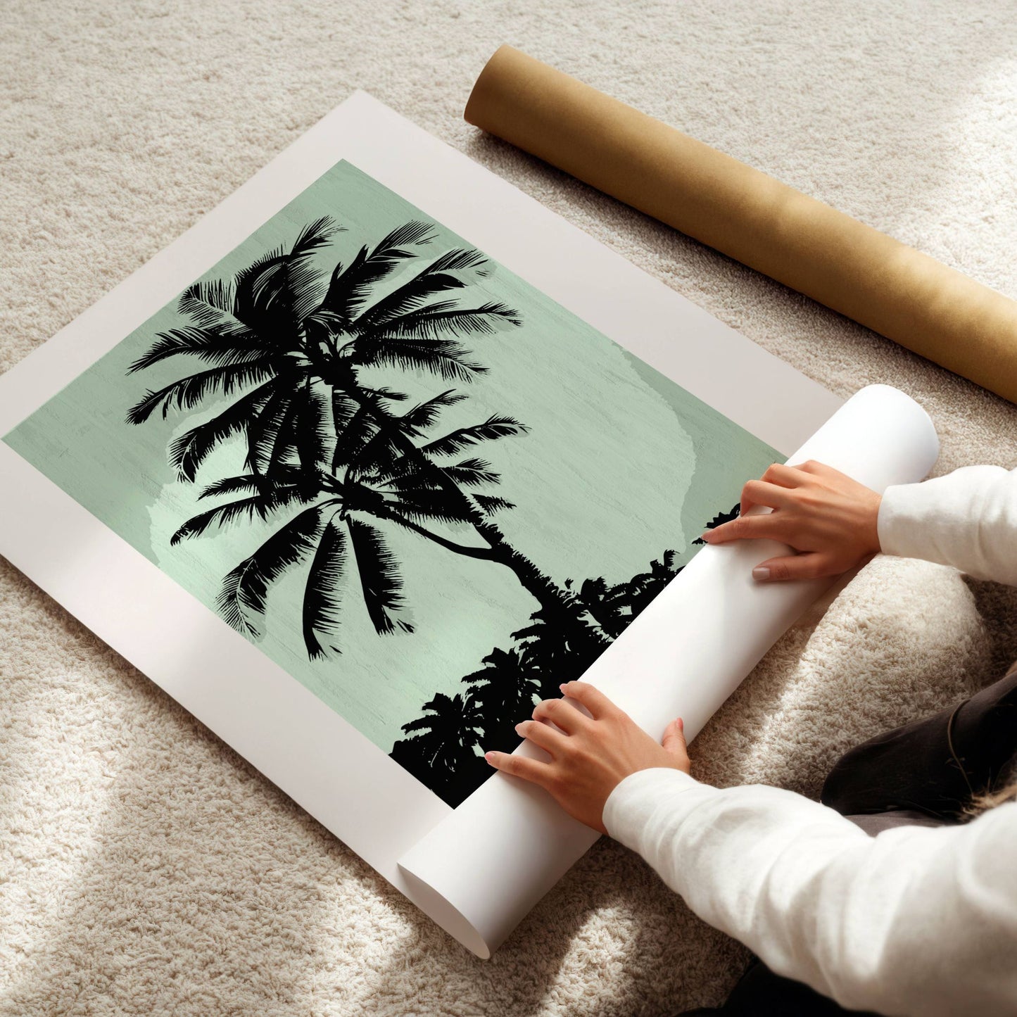 Denne klassiske palmeplakaten i svart og dus grønn gir et elegant og stilrent uttrykk. Illustrasjon viser plakat på print.