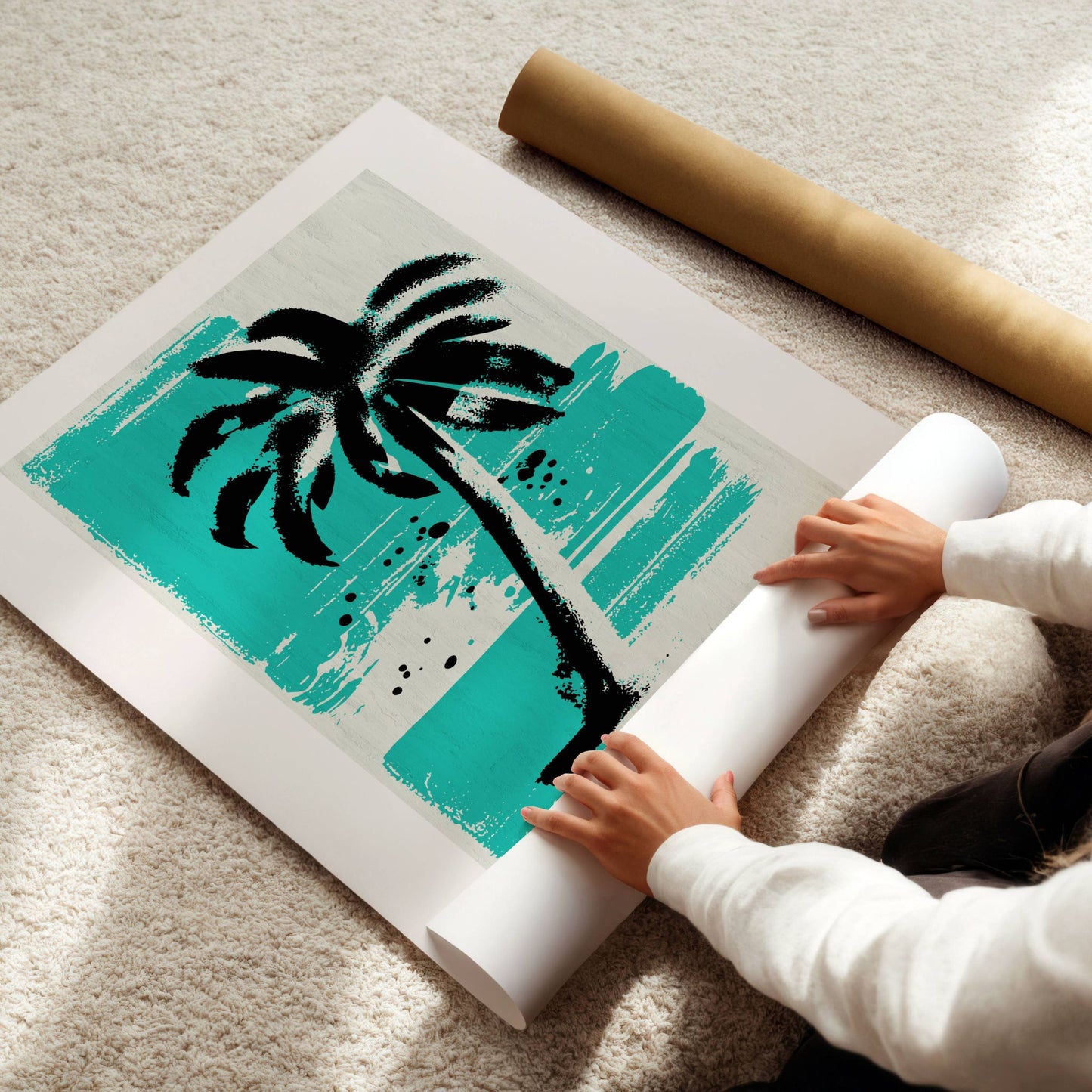 Frisk opp veggene med Tropical Paradise – turkis retro palmeplakat. Den slitte, grafiske stilen og de kraftige turkise tonene gir et vintage preg med strandstemning. Illustrasjon viser plakat på print.