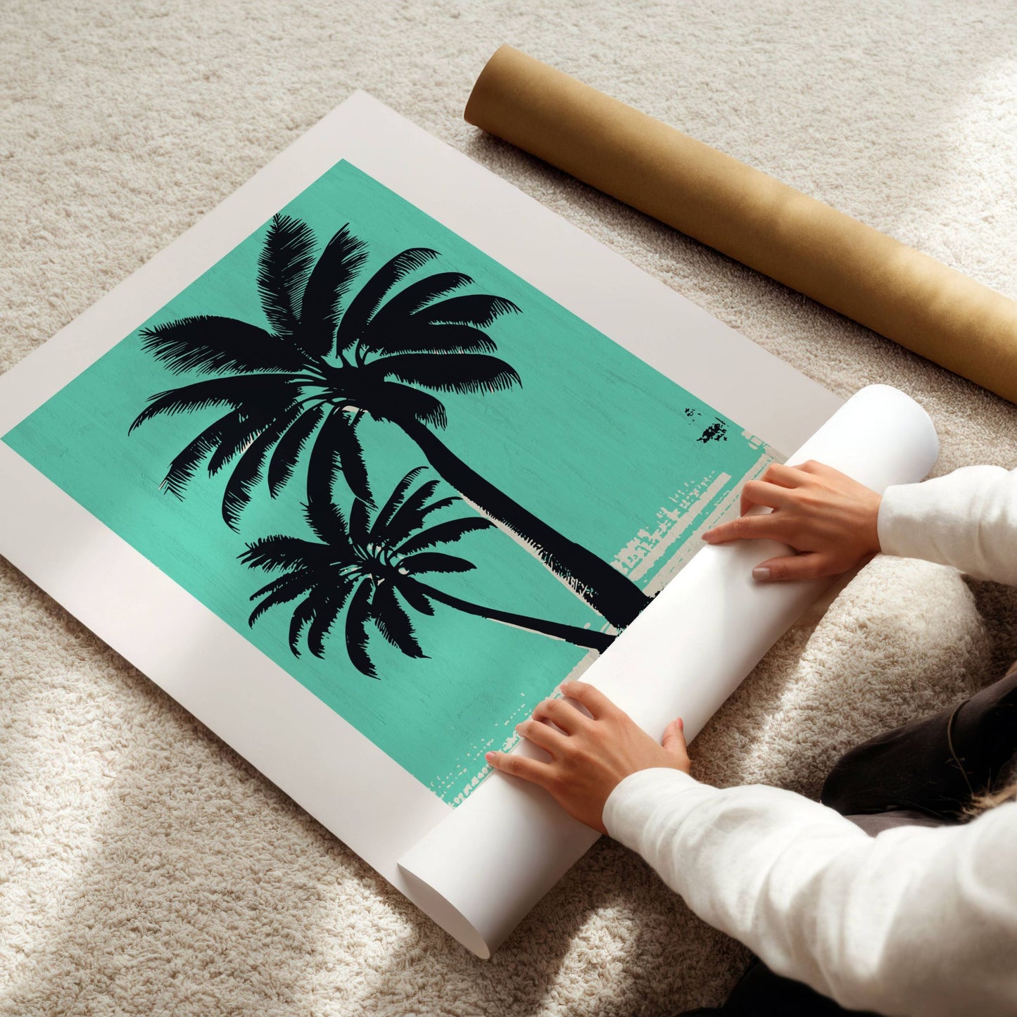 Tropical Paradise – dobbel palme plakat kombinerer to elegante palmer med en avslappet turkis bakgrunn. Illustrasjon viser plakat på print.