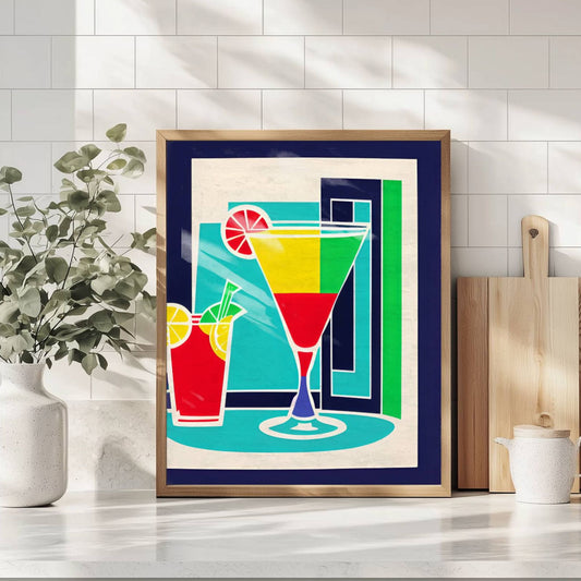 Lys opp rommet med Tropisk Cocktail – fargerik retro plakat som kombinerer tropiske toner med moderne kunstneriske former. Illustrasjon viser plakat i eik ramme.
