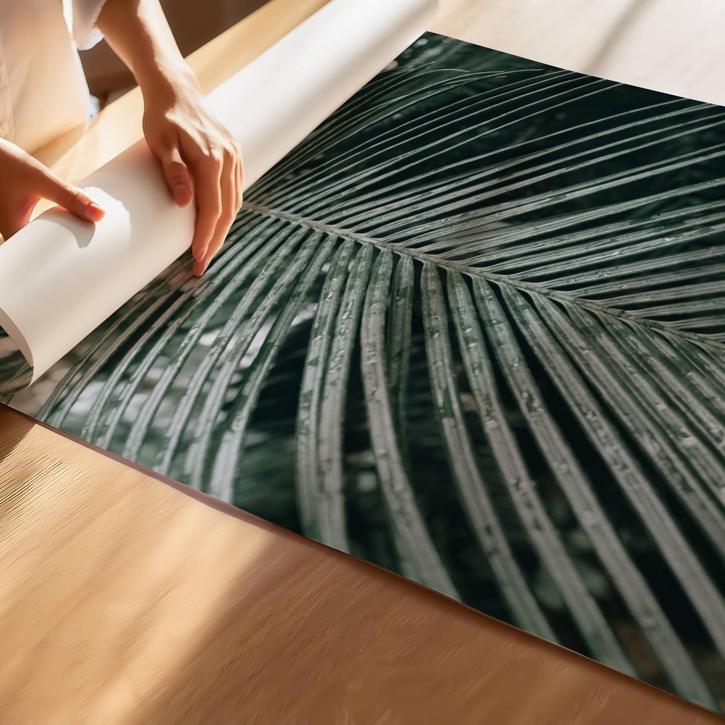 Nærbildet av våte palmeblader skaper en følelse av friskhet og dybde, perfekt for deg som ønsker en tropisk, men sofistikert stil i hjemmet. Illustrasjon viser motivet på print.