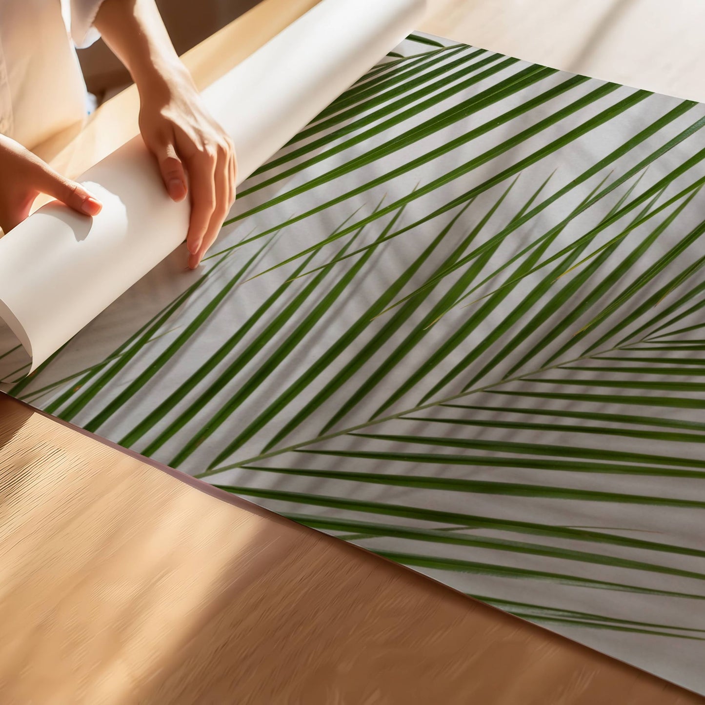 Elegante palmebladene mot en lys bakgrunn skaper en moderne og harmonisk følelse, perfekt for skandinavisk og minimalistisk interiør. Illustrasjon viser motivet på print.