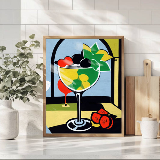 Tropisk Nytelse er en fargerik cocktailplakat som bringer eksotiske vibber inn i hjemmet. Illustrasjon viser plakat i eik ramme.