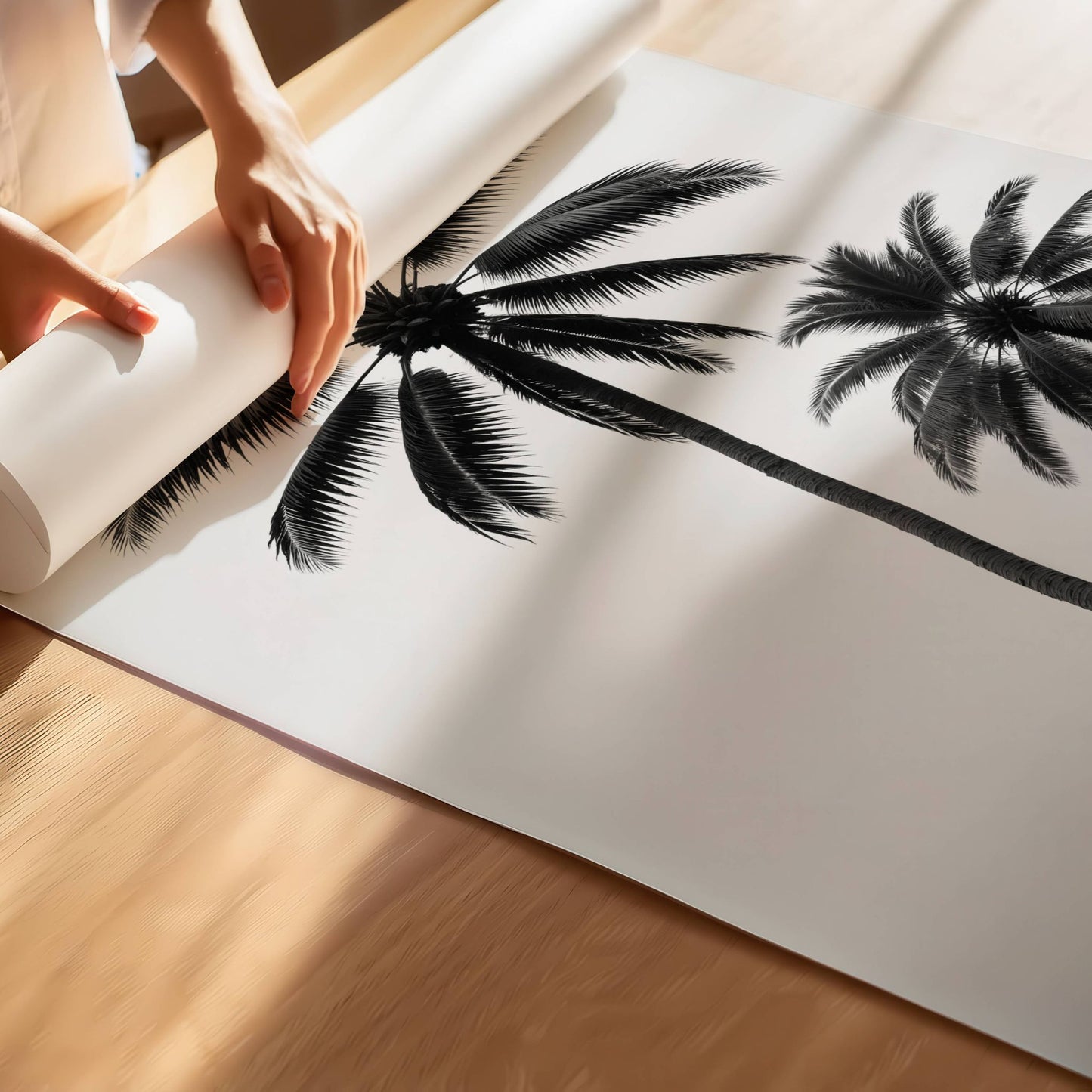 Unikt svart-hvitt-motiv av to elegante palmer omgitt av tåke og fjell gir en harmonisk og drømmende stemning til ethvert rom. Illustrasjon viser motivet på print.