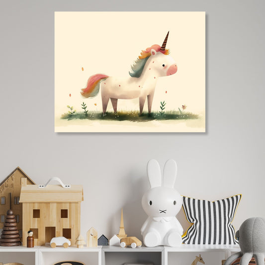 Grafisk illustrasjon av en søt enhjørning. Plakat til barnerommet. Illustrasjonsbilde av motivet på lerret.