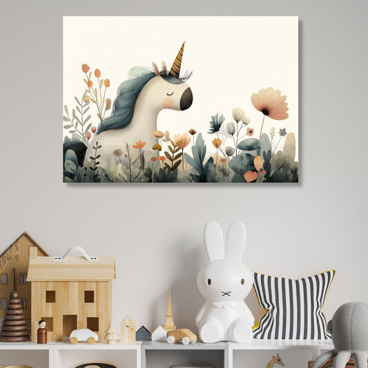 Grafisk illustrasjon av en søt enhjørning i en blomstereng. Plakat til barnerommet. Illustrasjonsbilde av motivet på lerret.