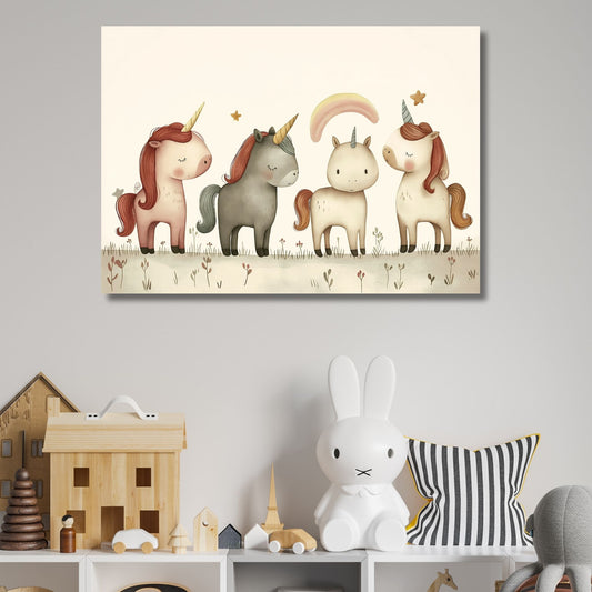Grafisk illustrasjon av tre søte enhjørninger. Plakat til barnerommet. Illustrasjonsbilde av motivet på lerret.
