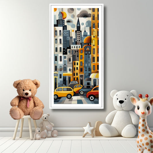 Dette fargerike og dynamiske kunstverket fanger essensen av en travel by med sine ikoniske bygninger, livlige former, og dristige farger. Illustrasjon viser motiv som plakat i hvit ramme på et barnerom.